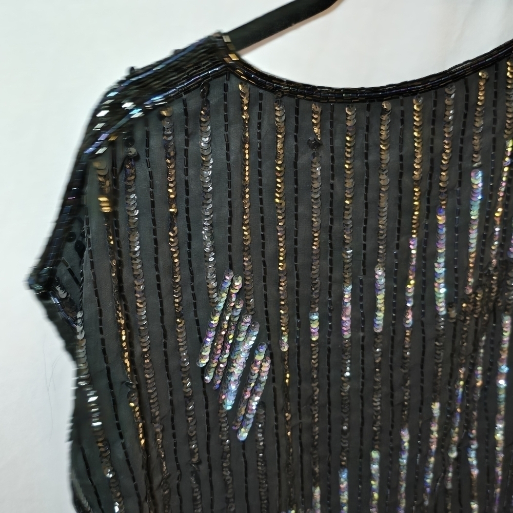 Vintage Schrader Knits 100% Silk Black Sequin Beaded Color Block Short Sleeve 12 - Picture 5 of 7